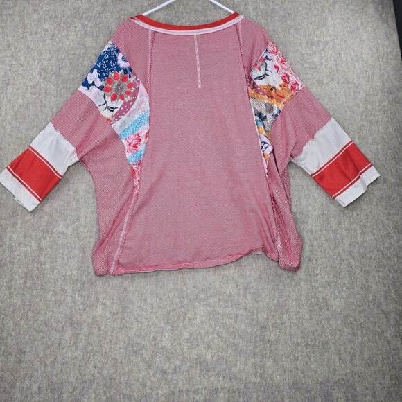 Red & White Patchwork Striped Loose Cotton Blend Top Size L - Picture 2 of 6
